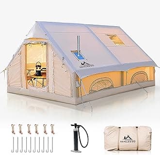 Inflatable Camping Tents 8-10 Person,129 Square Feets Large Inflatable Camping Tent with Stove Jack,Blow up Tent with Mesh Windows & Pump