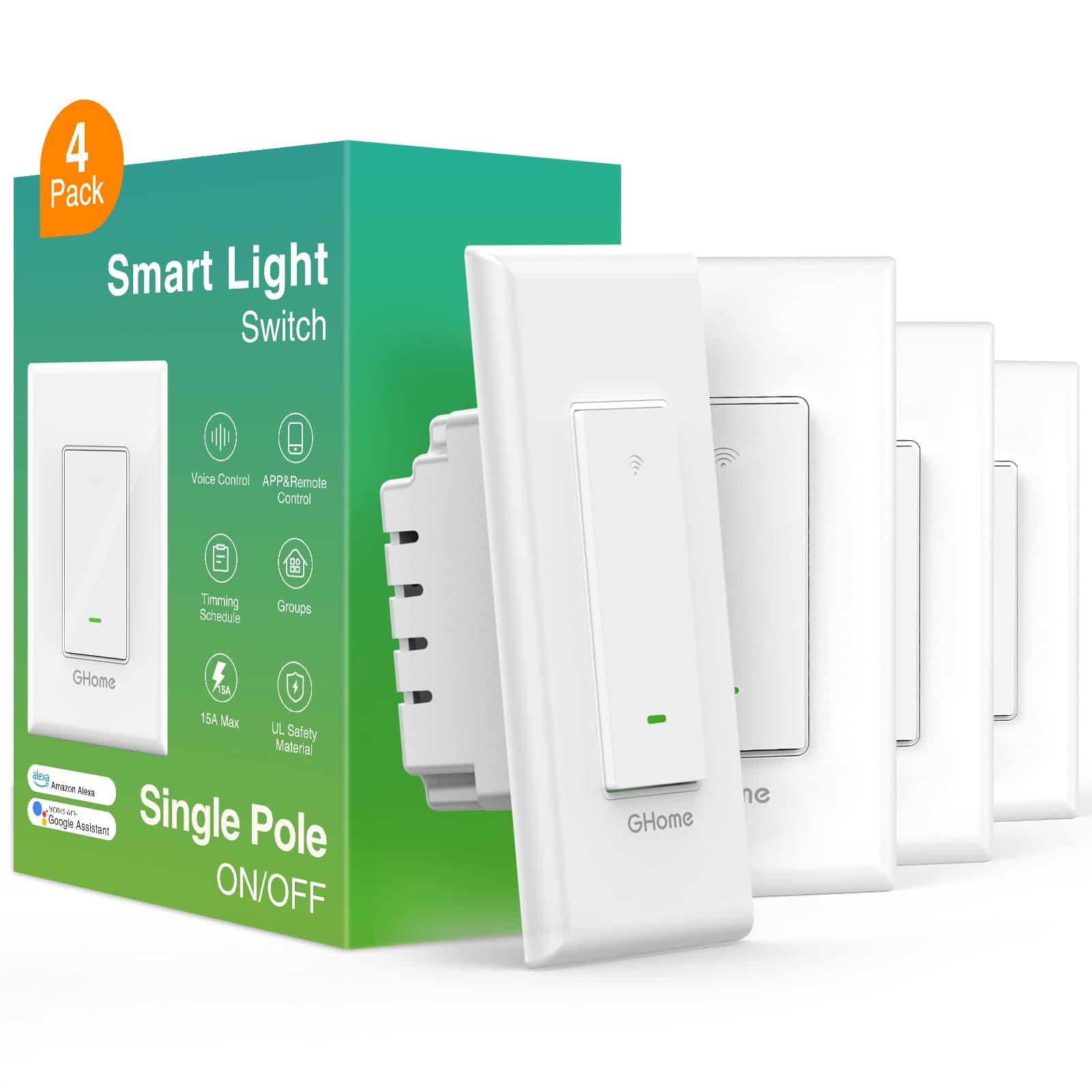 GHome Smart Switch,Smart Wi-Fi Light Switch Compatible With Alexa And Google Assistant 2.4Ghz, Single-Pole,Neutral Wire Required,Ul Certified,Voice Control And Schedule, No Hub Required (4 Pack)