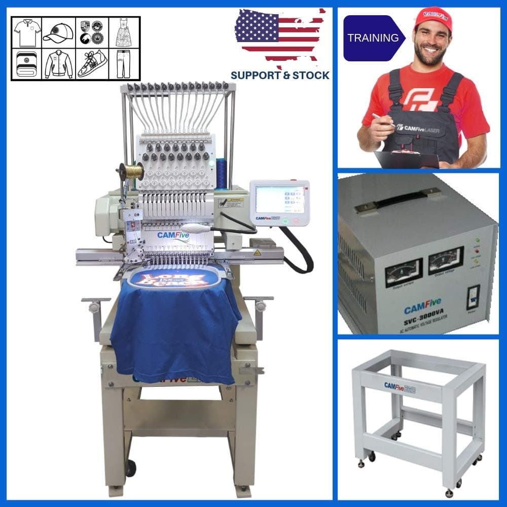 CAMFive EMB HT1501 Single Head Commercial Embroidery Machine. Basic Package Includes: Ergonomic Stand Base, On-Site Installation and Training and 1000VA Voltage Regulator