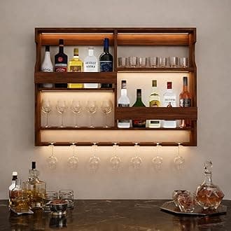 Wooden Wall Mounted Wine Rack, Bar Cabinet with Glass Storage, Wall Hanging Mini Bar for Home Wine Rack/Holder Upside Down Glass Hanging Organizer Size 30 x 24 Inch (Rosewood) (Natural)