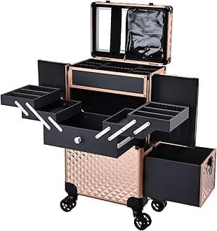 Adazzo Professional Makeup Artist Rolling Train Case Multi-functional Cosmetic Train Case Large Trolley Storage Case for Nail Technicians Cosmetology Case for Hairstylist Rose Gold