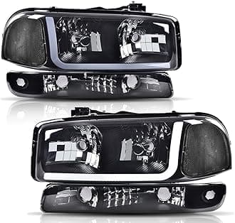 PIT66 LED DRL BAR Headlights Assembly, Compatible with 1999-2006 GMC Sierra /2000-2006 GMC Yukon, Headlamps Smoky Lens Black Housing Clear Reflector