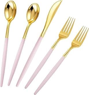 90Pcs Gold Plastic Silverware, Valentine's Day Utensils Set With Pink Handles Include 30 Gold Knives, 60Plastic Forks and Spoons, Pink Silverware Heavy Duty For Mother's Day