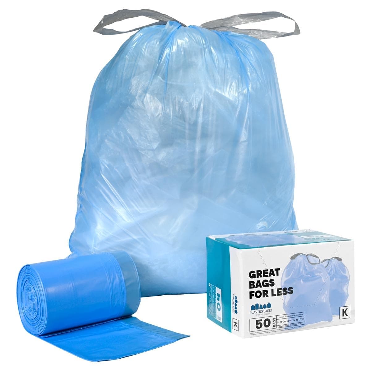 Plasticplace Code K Compatible (50 Count) Blue Recycling Bags Drawstring Garbage Can Liners 10 Gallon / 38 Liter 24.4" x 28"