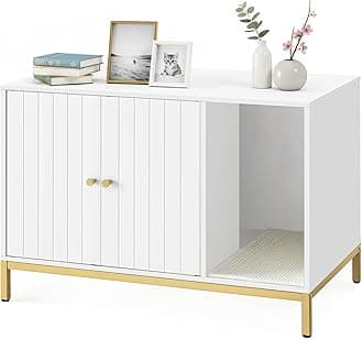 FEANDREA Litter Box Enclosure, Modern Cat Litter Box Furniture Hidden, with Scratching Mat, Tall Legs, Cat House for Indoor Cats, Side End Table, 31.5 x 19.7 x 21.7 Inches, White and Gold UPCL007W01