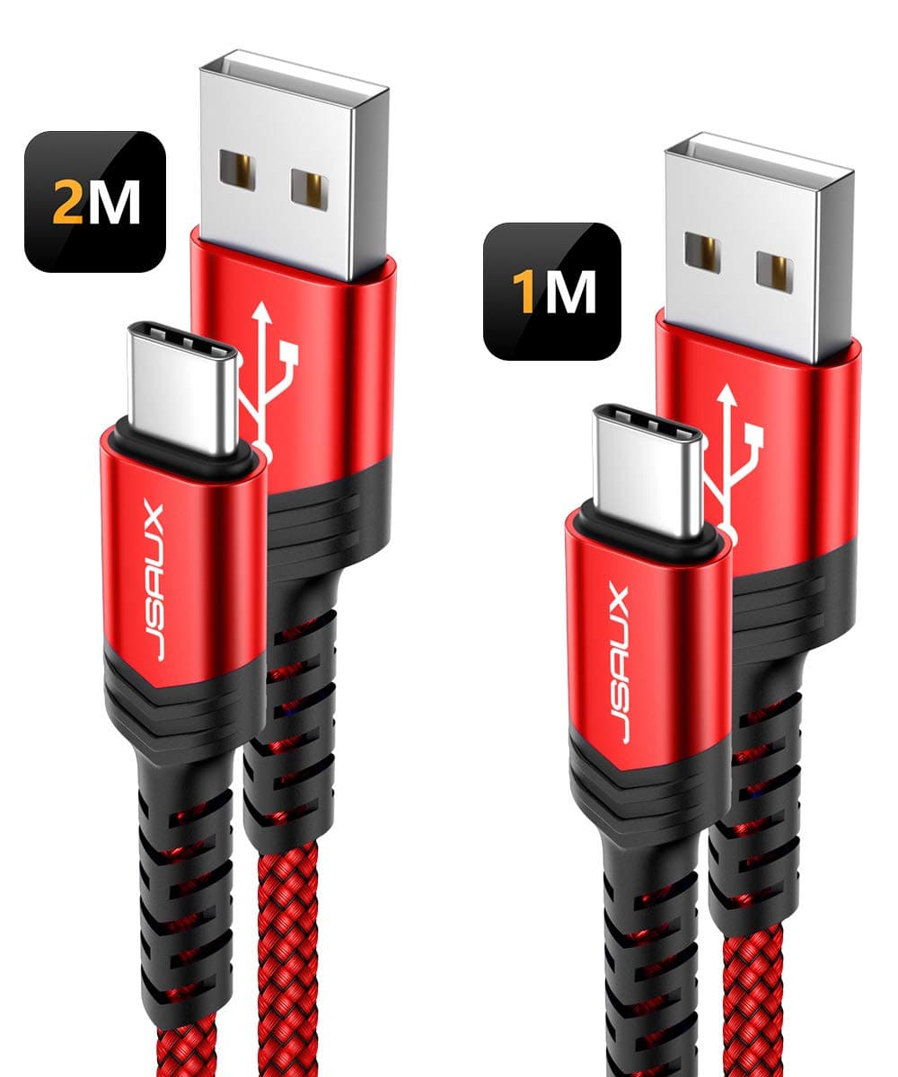 JSAUX USB C Cable [2-Pack/1M+2M], Type C Fast Charger Charging Cable Nylon Braided Compatible for Samsung Galaxy S22 S21 S20 S10 S9 S8 Plus A3 A5 Note 10 9 8, Google Pixel, Sony Xperia XZ, P9 P10-Red
