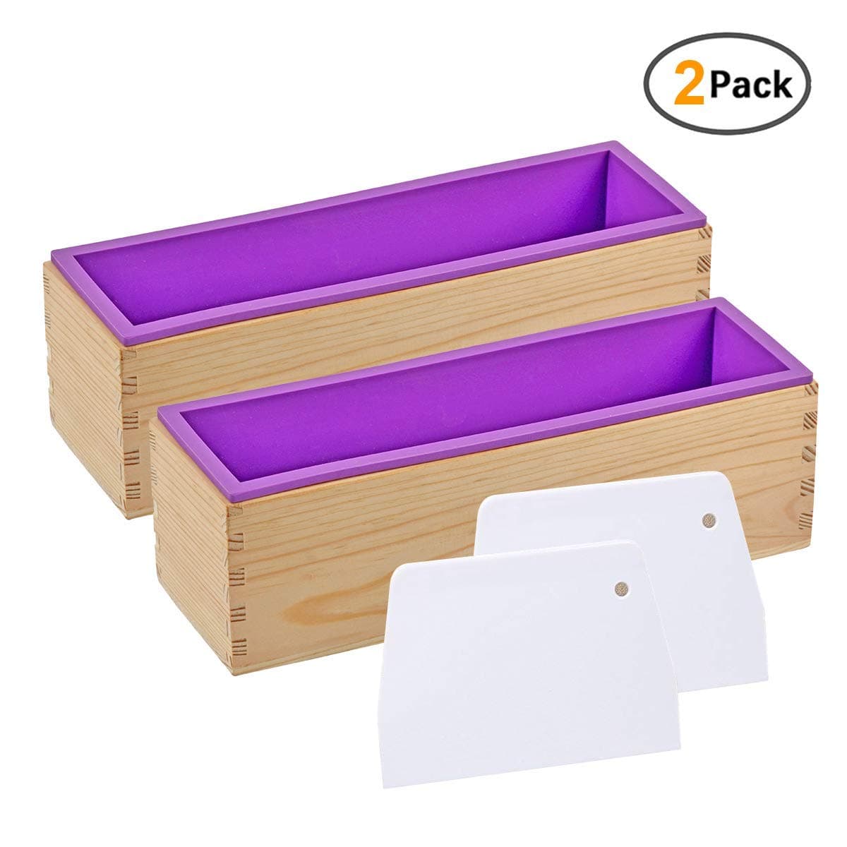 Accguan Purple Flexible Rectangular Silicone Soap Mold with Large Pine Wood Box for Homemade Produce 1.2 Kg Art Craft Soap Making Mold (2 Pcs)