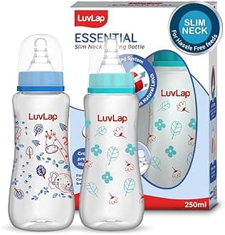 LuvLap Anti-Colic Slim/Regular Neck Essential Baby Plastic Feeding Bottle, 250Ml (Pack of 2), New Born/Infants/Toddler Upto 3 Years, Jungle Tales & Wild Flowers, BPA Free,Blue