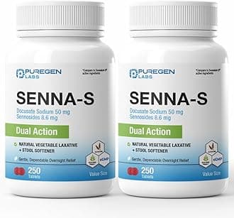 Puregen Labs Senna-S Natural Vegetable Laxative Plus Stool Softener Dual Action - Total 500 Tablets Senna Plus | Gentle Dependable Overnight Relief of Occasional Constipation - 2Pack