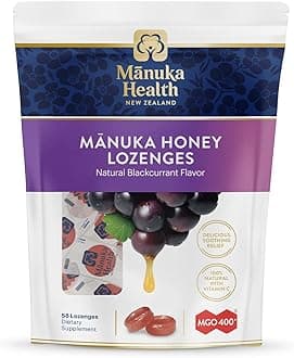 Manuka Health Manuka Honey Throat Lozenges - Blackcurrant Flavored Lozenges, 58-Count - Cough Drops Infused with Raw Manuka Honey & Vitamin C for Immune Support