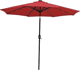 Sunnydaze 9 ft Outdoor Patio Umbrella with Solar Lights - Polyester LED Table Market Umbrella with Push-Button Tilt and Crank - Red