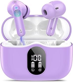 Wireless Earbuds, Bluetooth 5.4 Headphones Bass Stereo, Ear Buds with Noise Cancelling Mic, IP7 Waterproof in Ear Earphones, 36H LED Display Bluetooth Earbuds for Laptop Pad Phones, Pale Violet