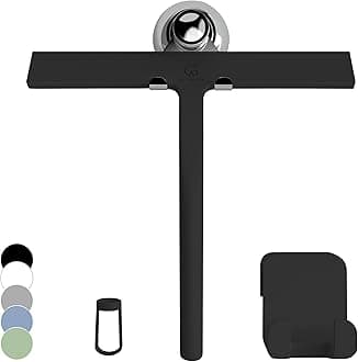 GÜTEWERK Silicone Shower Squeegee for Glass Doors & Mirrors with Stainless Steel Core, Streak-Free & No-Squeak Window Cleaning, 3-in-1 No-Drill Mount (Hook/Suction/Adhesive), Black, 9''