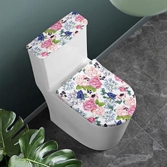 Pink Peony Flower Toilet Lid Cover Blue Forget-Me-Not Travel-Friendly Toilet Lid & Tank Covers Watercolor Floral Universal Fit for Standard Toilet Lids, Machine Washable