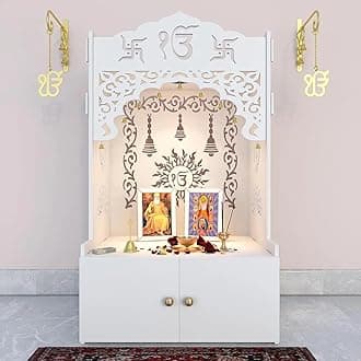 Ek Omkar Serenity Wooden Mandir Hindu Pooja Home Temple with LED Lights, Wall Cabinet Decor for Ganesh, Krishna Doors & Desk - White Color