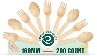 [160mm, 200 Pack] Disposable Spoons & Forks Set Wooden Dining Flatware Ideal for Kids Birthday, Wedding & Party