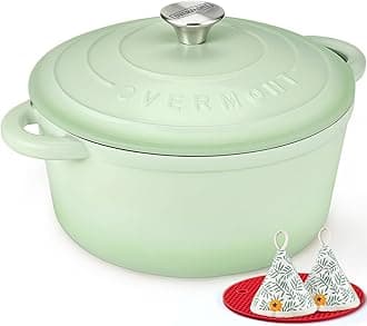 Overmont 26cm/5.2L Enamelled Cast Iron Round Casserole Dish With Lid,5.5QT, Cookbook -Non-stick Dutch Oven for Braising, Stews, Roasting, Bread Baking - Bean green