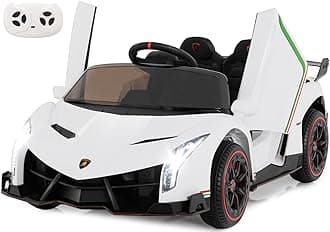 INFANS 2 Seater Kids Ride on Car, 12V 4WD Licensed Lamborghini Veneno Powered Electric Vehicle with Hydraulic Doors, Rocking Mode, Adjustable Speeds, Remote Control, MP3, Headlight (White)