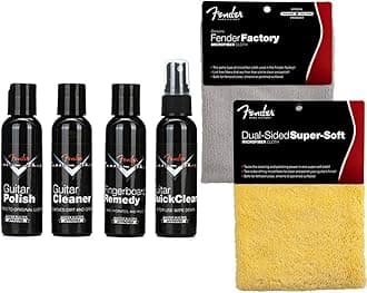 6-Piece Guitar Care Kit with Custom Shop Deluxe Guitar Care System 4 Pack, Super-Soft Dual-Sided Microfiber Cloth, Fender Factory Microfiber Cloth