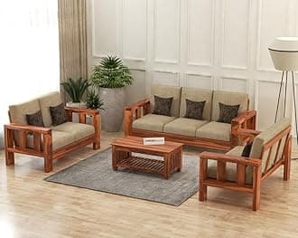 Solid Sheesham Wooden 7 Seater Sofa Set With 40 Density Cushions For Living Room Furniture - Honey Finish, Brown