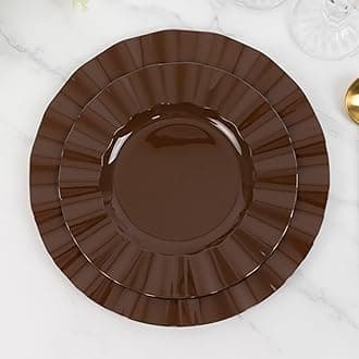Efavormart 10 Pack Hard Plastic Dinner Plates with Gold Ruffled Rim, Heavy Duty Cinnamon Brown Disposable Round Dinnerware 9"
