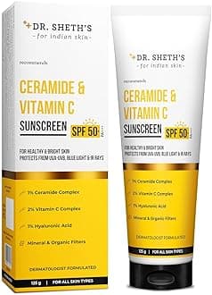 Dr. Sheth's Ceramide & Vitamin C Sunscreen SPF 50+ PA++++ |In-Vivo Tested | For Healthy & Bright Skin | Lightweight & Non Greasy | For UVA/UVB & Blue Light & IR Protection | No white cast | For All Skin Types | For Men & Women | 125 g