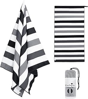 Large Quick Dry Beach Towel, Microfiber Sandfree Cabana Stripe Pool Bath Swim Towel with Bag, Lightweight and Thin (Black, 30x60 Inches)