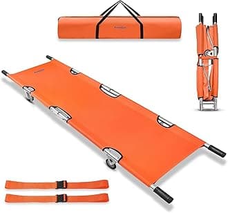 Foldable Stretcher with Aluminum Frame & Castors |Load Capacity 159kg |Waterproof PVC Sheet |Safety Belts & Rubber Handles |Portable Emergency Stretcher for Patient Shifting & Hospital Use