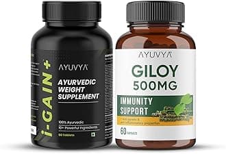 Ayuvya i-Gain+ & Giloy Combo | i-Gain+ for Muscle Mass, Digestion & Weight Gain | Giloy for Immunity, Respiratory Health & Blood Purification | 100% Ayurvedic