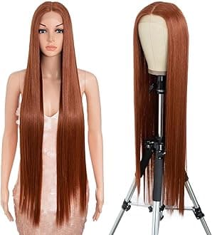 Style Icon Super Long Straight Lace Front Wig 38 Inches Long Reddish Brown Wig for Women Synthetic Lace Front Wig Middle Part Lace Wig Pre Plucked with Baby Hair Heat Resistant Fiber (130T)