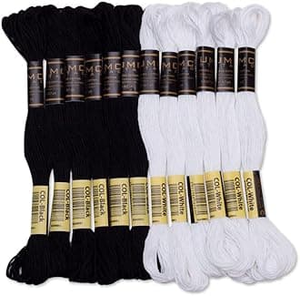 12 Pieces | Premium Embroidery Thread | 100 Percent Egyptian Cotton Premium Skeins | Cross Stitch Embroidery Floss | Oeko TEX Certified Stranded Cotton (Black & White)