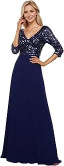 Ever-Pretty Women's Elegant Formal Dress V-Neck Long Sleeve Sequin Mother of The Bride Dresses Maxi Chiffon Evening Gown 0751