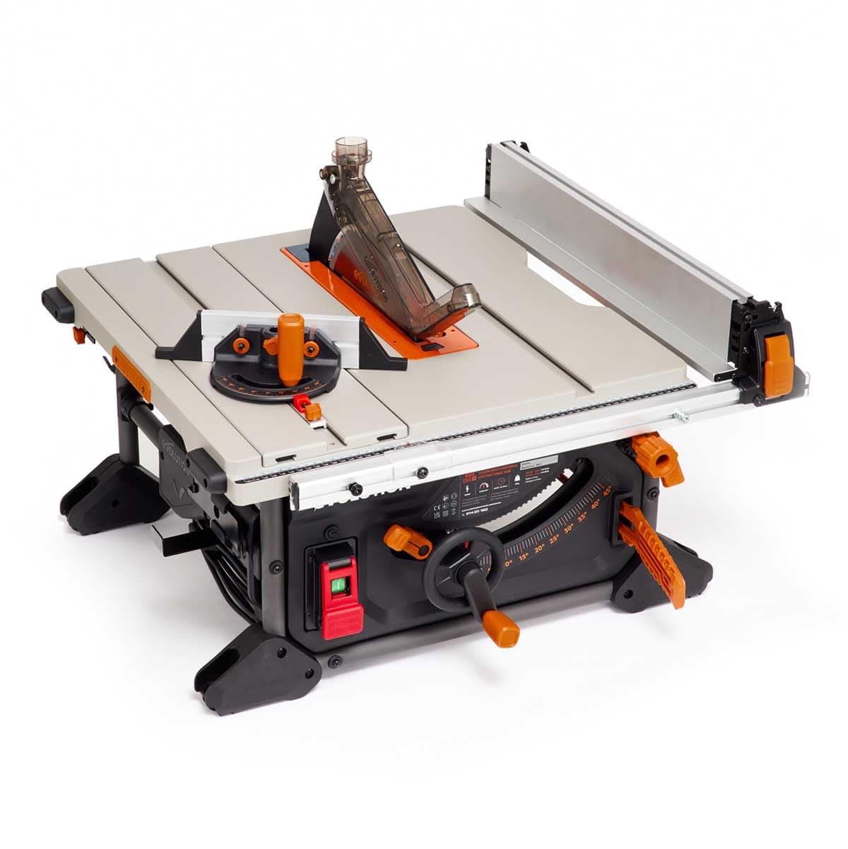 Evolution Power Tools R255TBL Table Saw (Next Generation Rage 5-S), Portable Multi-Material Cutting Blade, Includes Wood and Metal Cuts, Plastic, 45° Bevel, Miter Angle