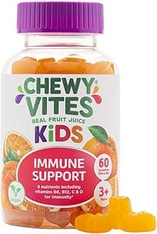 Kids Immune Support, 60 Kids Vitamins Gummies, High Strength Vitamin D, Vit C, B6, B12, Zinc, Selenium, 2 Months Supply, Real Fruit Juice, Vegan, Age 3 +, Orange Flavour