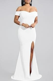 YMDUCH Women's Off Shoulder High Split Long Formal Party Dress Evening Gown White
