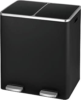 Arlopu Dual Trash Can, 2 x 8 Gallon (2 x 30 L) Hands-Free Trash and Recycle Bin Combo, Stainless Steel Kitchen Garbage Can with Soft-Close Lid, Removable Inner Buckets, Step Pedal, Airtight (Black)