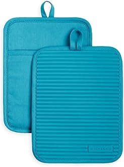 Ribbed Soft Silicone Pot Holder 2-Pack Set, Ocean Drive Blue, 7"x9"