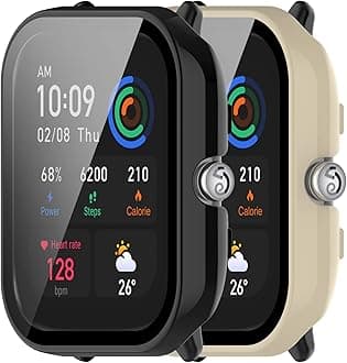 2-Pack Compatible for Amazfit GTS 4 Mini Screen Protector Cover, Tempered Glass Screen + All-Round PC Matte Protector Case Set for Amazfit GTS 4 Mini for Women Men (Black&Beige)