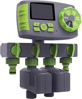 Automatic 4-Outlet Irrigation Computer Water Timer Garden Irrigation Clock Irrigation System Includes 1 x 4-Way Water Distributor, 2 x Solenoid Valves, Green