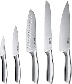 hecef Silver Kitchen knife set of 5, Satin Finish Blade with Hollow Handle, includes 8" Chef, 8" Bread, 8" Santoku, 5" Utility and 3.5" paring knife