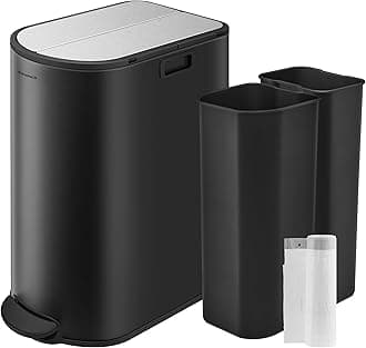 SONGMICS 13-Gallon Dual Kitchen Trash Can, 5.3 and 8 Gallon Compartments, Garbage Can with Wing Lids, Stainless Steel, Soft Close, Inner Buckets, Ink Black and Metallic Silver ULTB570B50