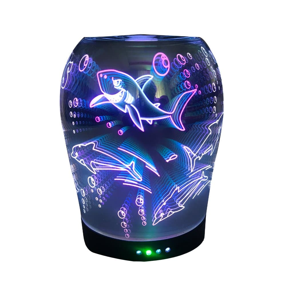 HMfuture 3D Aromatherapy Oil Diffuser 100ml Glass Shark Pattern Essential Oil Ultrasonic Cool Mist Humidifier with 7 Color Changing LED Lights for Home Office Baby Bedroom Living Room Study Yoga Spa