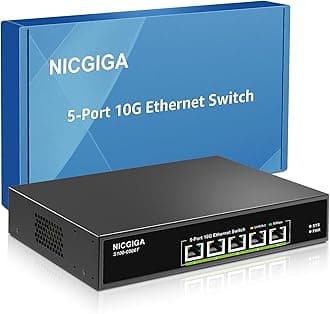 NICGIGA 5 Port 10G Ethernet Switch Unmanaged,with 5X 10Gb Base-T RJ45 Ports, 10Gbps Network Switch Easy for 10G NAS,PC,WiFi7 Router,10G Adapter/NIC. Desktop or 19-inch Rack Mount, Plug and Play.