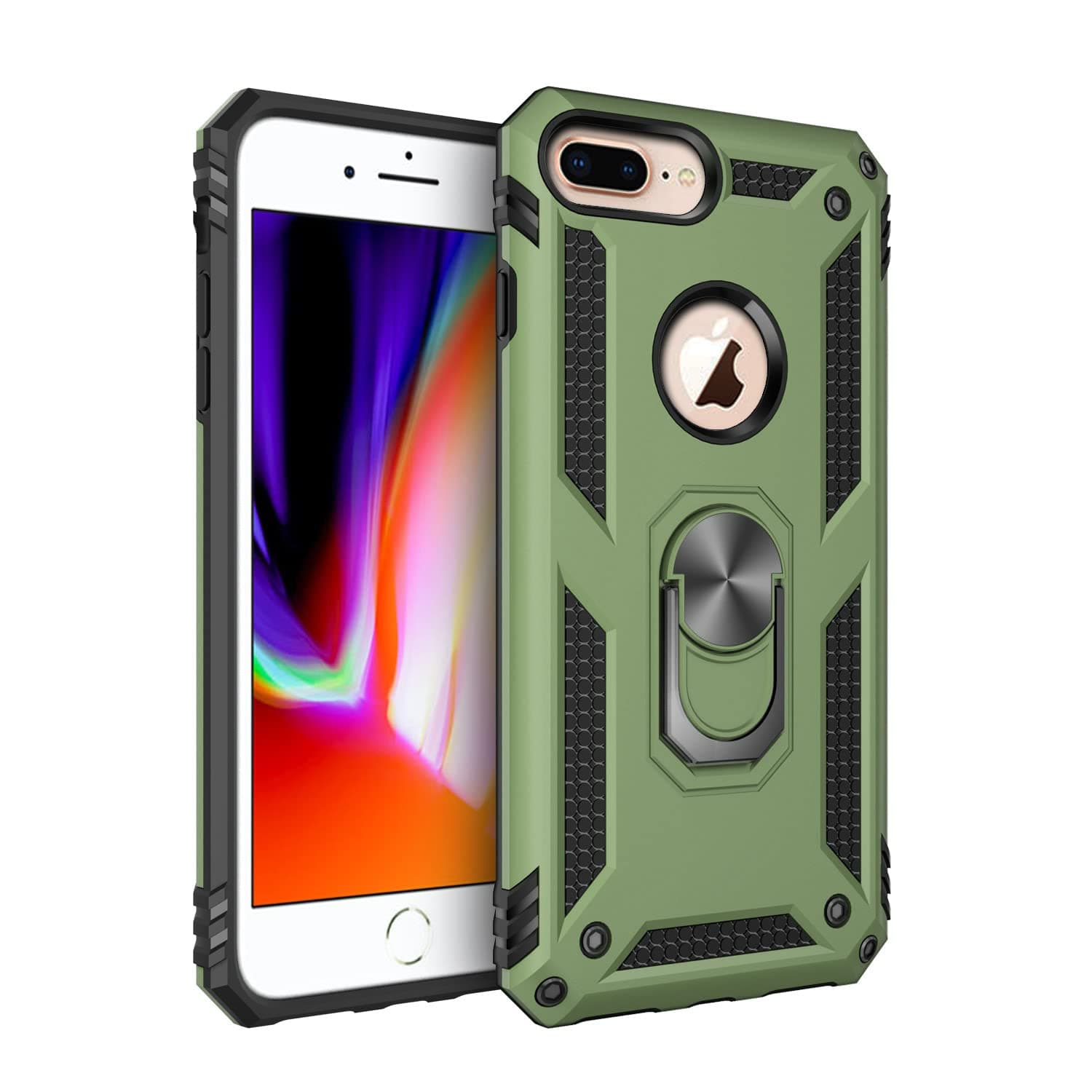 Compatible with iPhone 7 Plus Case/iPhone 8 Plus Case, Extreme Protection Military Armor Dual Layer Protective Cover with 360 Degree Swivel Ring Kickstand Olive Green