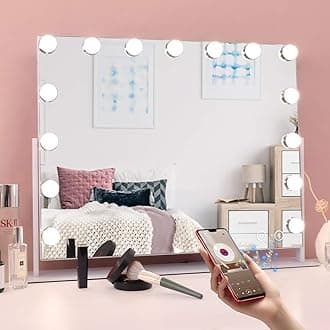 MISAVANITY Vanity Mirror with Lights and Bluetooth, 360 Degree Rotating Hollywood Lighted Makeup Mirror with 15 Dimmable LED Bulbs for Dressing Room and Bedroom (White)