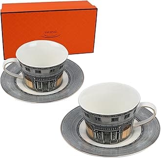 YALONG Ceramic Tea Cup and Saucer Set of 2, 7oz, Cappuccino, Latte Coffee Cup...