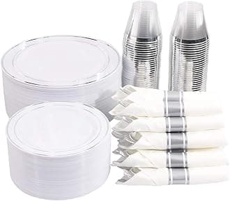 WELLIFE350Pcs Silver Plastic Plates for 50 Guests,Plastic Plates for Party and Wedding,Plates and Napkins Party Supplies,Plastic Plates Disposable,Including Party Plates and Cups and Napkins Sets