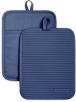 KitchenAid Ribbed Soft Silicone Pot Holder 2-Pack Set, Blue Willow, 7"x9"