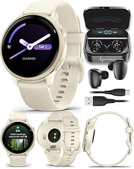 Garmin Vivoactive 6 - Health & Fitness Smartwatch, 1.2 in Bright AMOLED Display, GPS Sports Tracking, Up to 11 Days of Battery, Lunar Gold with Bone Band w Black Earbuds Bundle