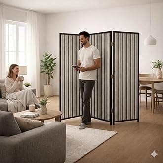 – Vital 4-Panel Room Divider | Folding Privacy Screen for Bedroom & Living Room | Portable Freestanding Partition Wall | Rattan-Look Panels | Wood-Finish Frame (A2)|Brown&white